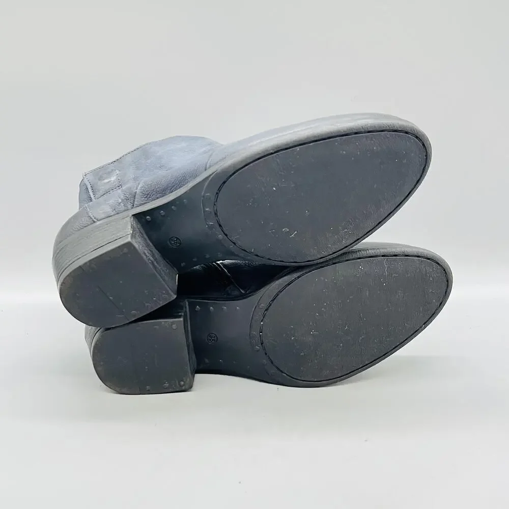 Miz Mooz Boots Womens 7.5 Blue Leather Ankle Zip Low Block Heel Booties Shoes